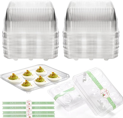Yopay 50 Pack Deviled Egg Trays with lid, Plastic Clear 6 Slots Deviled Eggs Halves Carrier Deviled Container Dish Plate Holder for Party, Classic Cuisine Trays
