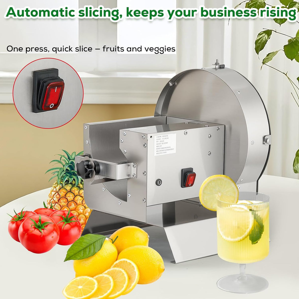 2-in-1 110V Electric Vegetable and Fruit Slicer, Adjustable Thickness 0.04-0.4", Commercial Stainless Steel Cutter for Cabbage, Tomatoes, Lemons