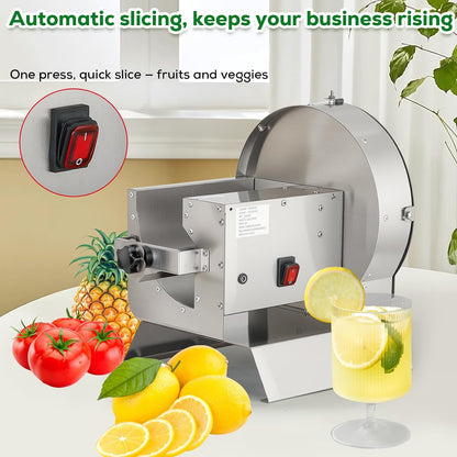 2-in-1 110V Electric Vegetable and Fruit Slicer, Adjustable Thickness 0.04-0.4", Commercial Stainless Steel Cutter for Cabbage, Tomatoes, Lemons