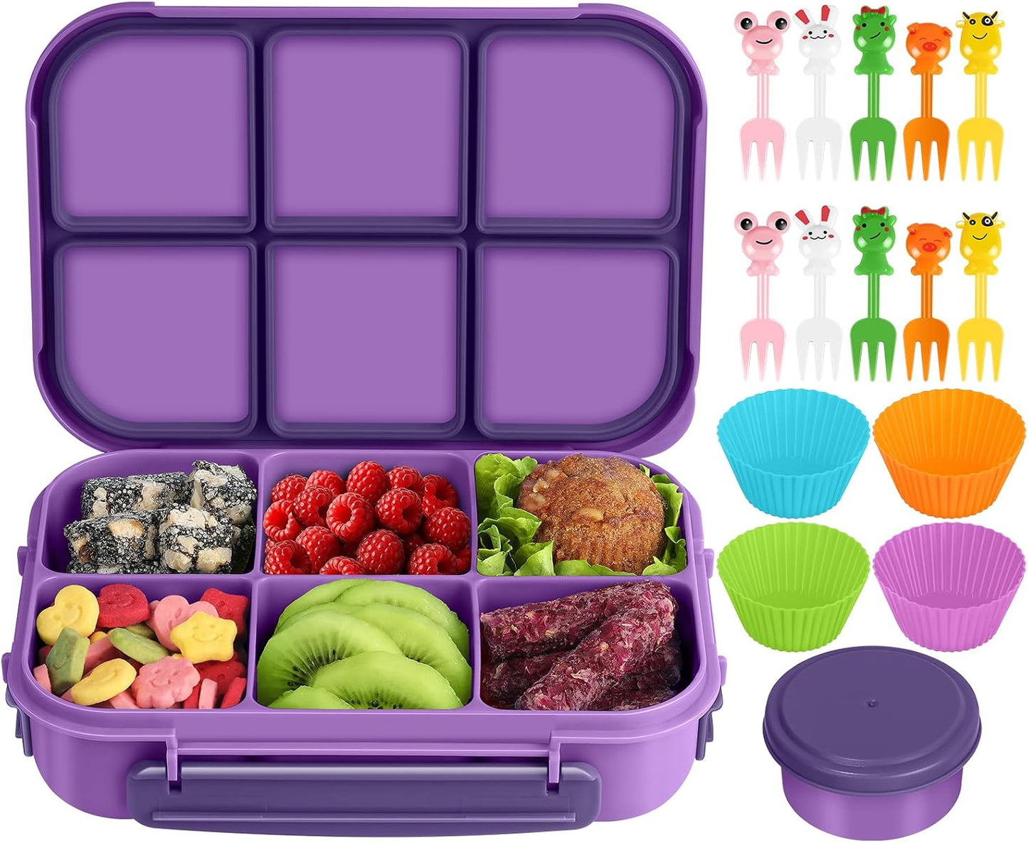 Amathley Lunch Box Kids Girls Boys,Bento Box Adult,Toddler Lunch Containers for School,Leakproof Snack Containers with 6 Compartments,Sauce Container,10 Food Picks and 4 Muffin Cups (Green)
