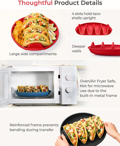 3Pack Silicone Taco Plates with Metal Reinforced Frame, AODISTUCE Silicone Taco Holders with 4 Dividers, Reusable Taco Shell Holder Taco Tray Taco Bar Serving Set for Party Taco Night, Dishwasher-Safe
