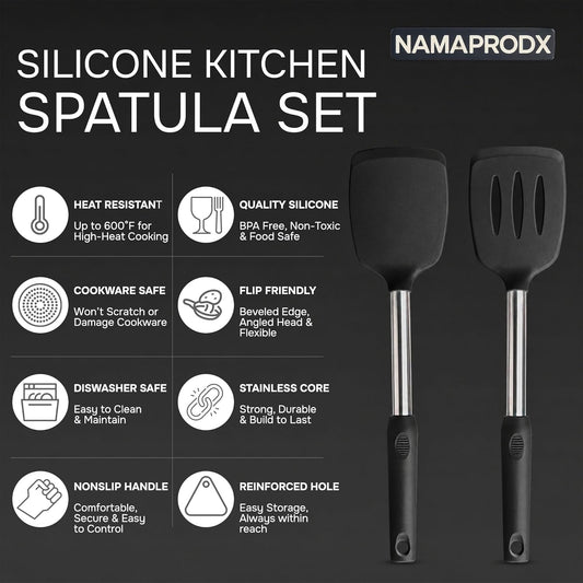 Silicone Spatula Set (2-Pc) - 600°F Heat Resistant, BPA Free, Non-Scratch, Dishwasher Safe I Slotted & Solid Kitchen Spatula Turners I Ideal for Eggs, Pancakes, Fish I Stainless Steel I Gray