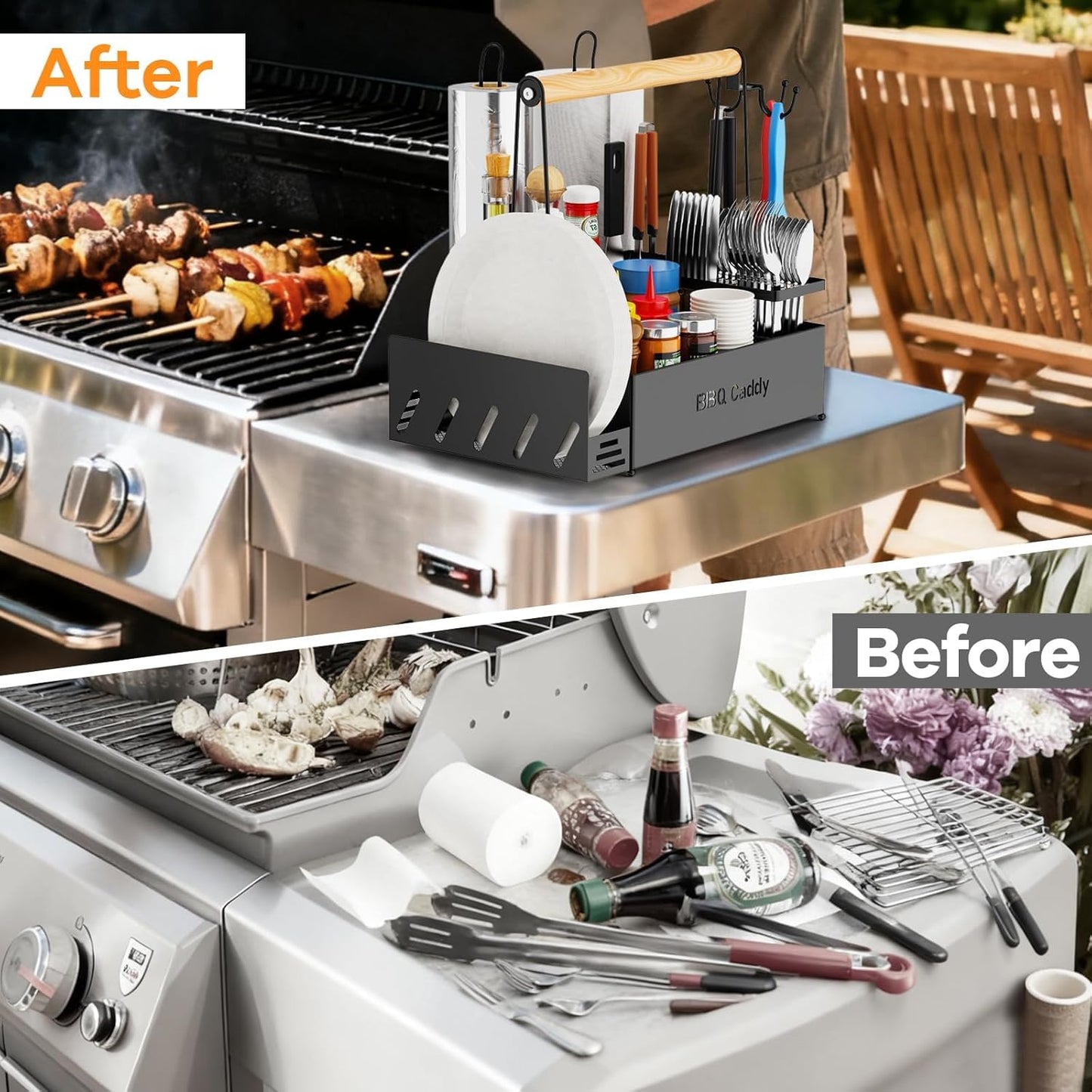 Grill Caddy with Paper Towel Holder, Picnic BBQ Condiment Utensil Organizer Caddy for Camping, Rv, Camping Accessories, Camping Essential, Camper Must Haves, Barbecue Tool Sets