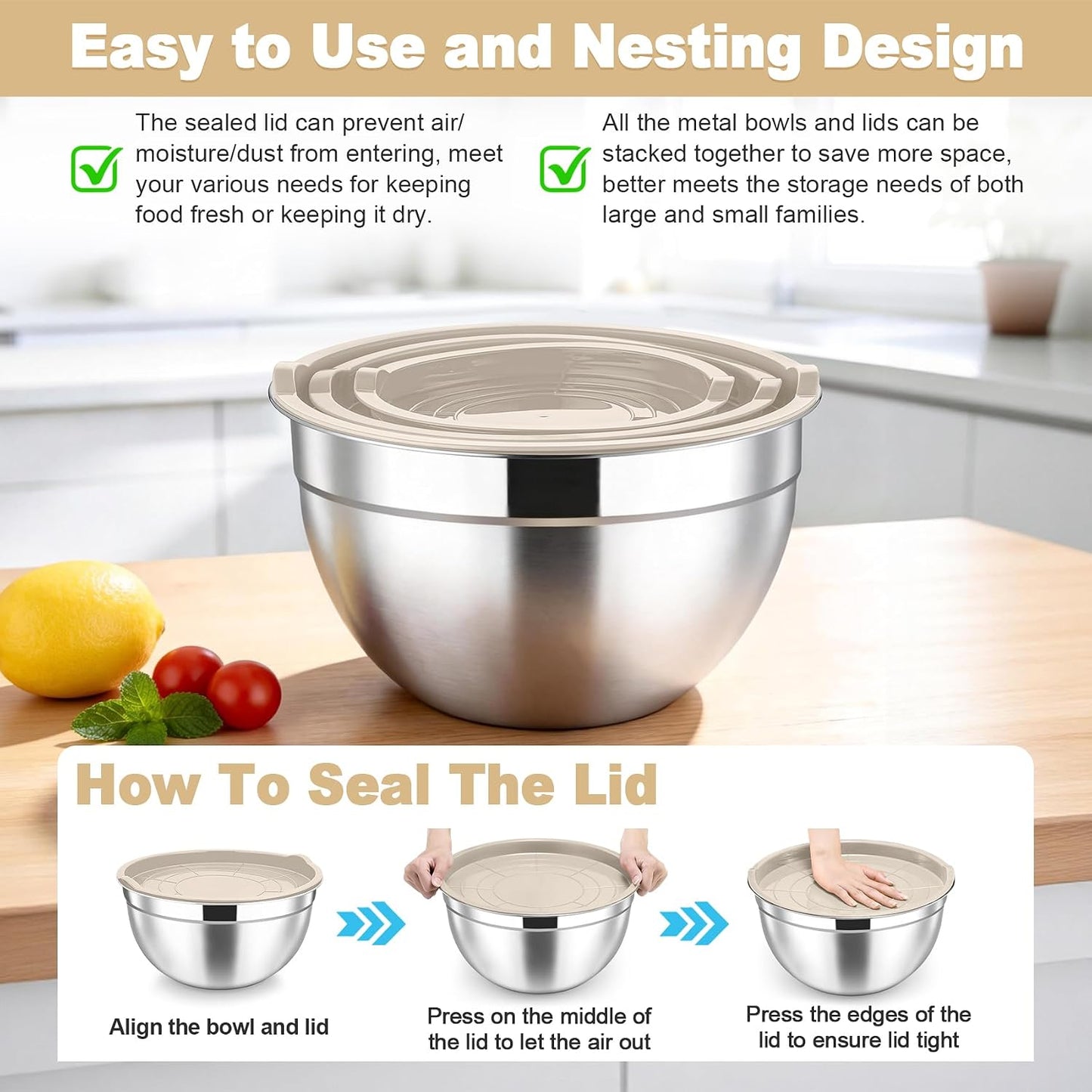 TeamFar Mixing Bowls, Stainless Steel Nesting Salad Bowls with Airtight Lids Set, For Serving/Mixing/Storing, Healthy & Long-lasting, Dishwasher Safe & Easy Clean, 4.6/3 / 1.5 QT, Colorful