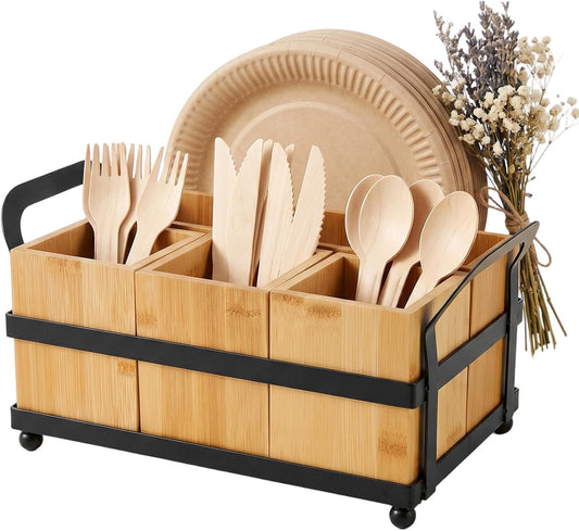 Silverware Caddy with 4 Removable Bamboo Compartments, Wood Utensil Holder & Paper Plate Dispenser for Countertop Organizing, Flatware, Spoons, Forks, Parties, BBQs, Picnics