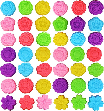 42pcs Reusable Silicone Baking Cups, 7 Styles Flower Shaped Silicone Molds Non-Stick Mini Cupcake Cases & Muffin Liners for Baking Jello Candy Soap Making (Multi-Color)