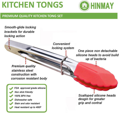 HINMAY Mini Stainless Steel Food Tongs with Silding Rings 7-Inch, Set of 6 | Small Clam Shell Service Tongs for Serving Appetizers, Desserts, Salads, Barbecue and Cooking (Silver)