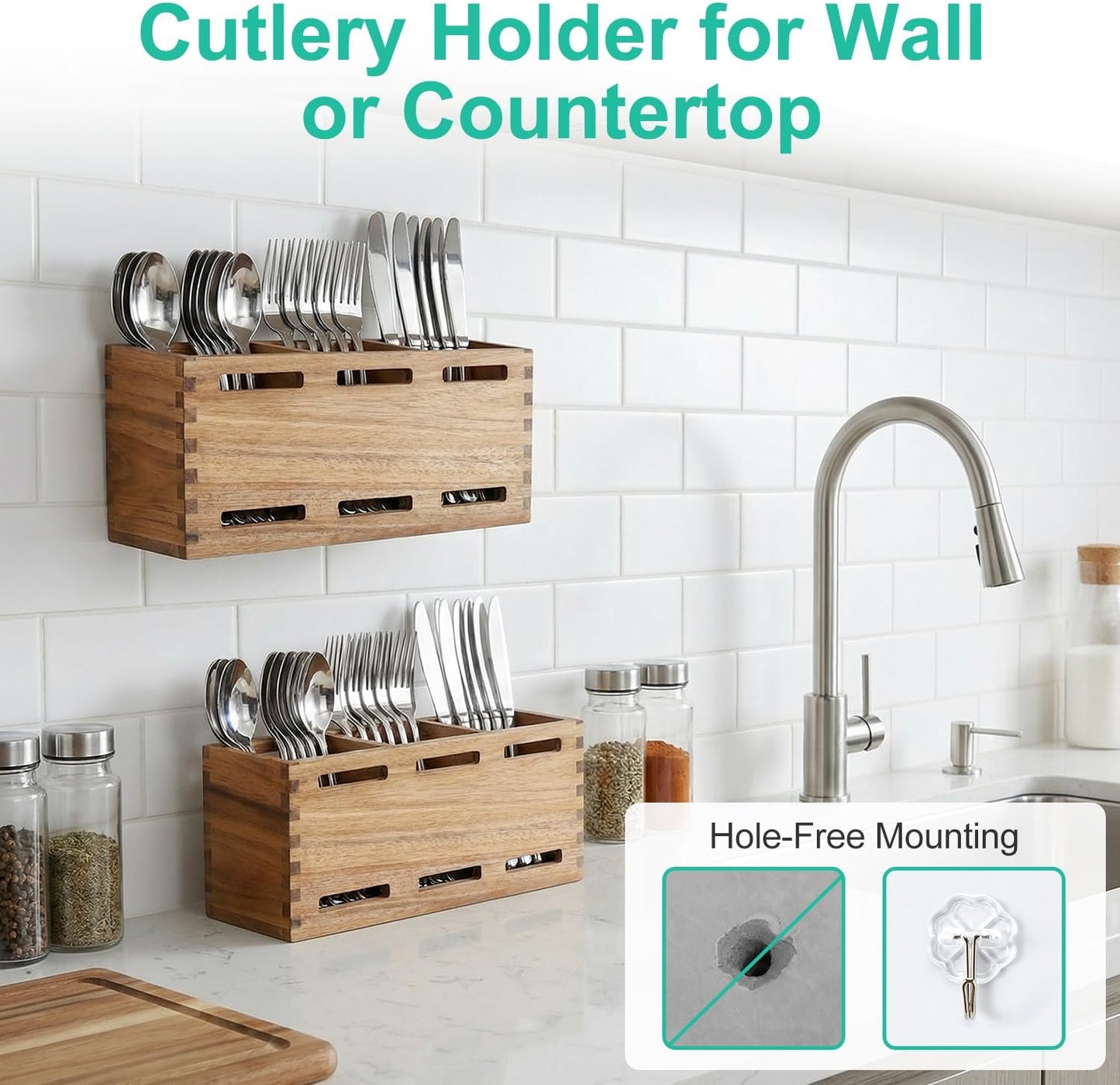 Farmhouse Wooden Silverware Utensil Caddy Cutlery Holder Small Acacia Wood Utensil Holders Organizer for Kitchen Count Party Fork Spoon Storage Organizer Table Silverware Holder Flatware Caddy Basket
