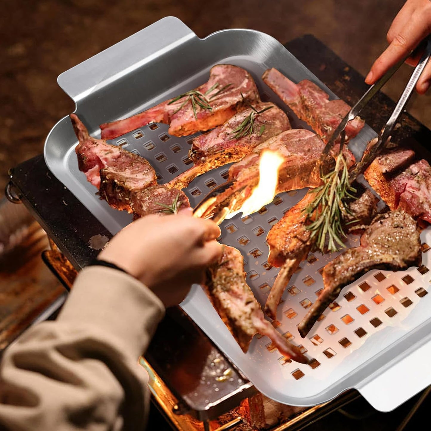 Grill Pan Set of 2, BBQ Grill Topper for Outdoor Grill, Stainless Steel Grilling Baskets with Holes and Handles, Perforated Food Tray Barbecue Accessories for Vegetable, Fish, Meat, Seafood