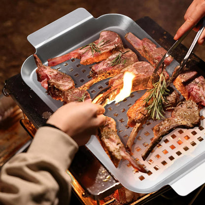 Grill Pan Set of 2, BBQ Grill Topper for Outdoor Grill, Stainless Steel Grilling Baskets with Holes and Handles, Perforated Food Tray Barbecue Accessories for Vegetable, Fish, Meat, Seafood