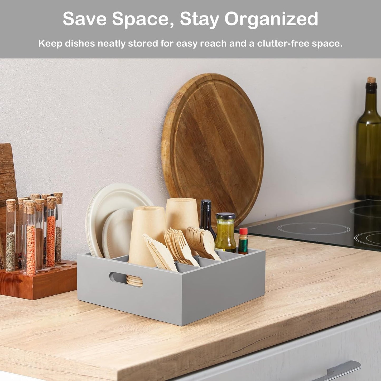 Acacia Wood Utensil Holder for Party, 6-Compartment Paper Plate and Silverware Organizer with Handles, Rustic Utensil Caddy for Parties, Outdoor Gatherings, and Kitchen Countertop Organization