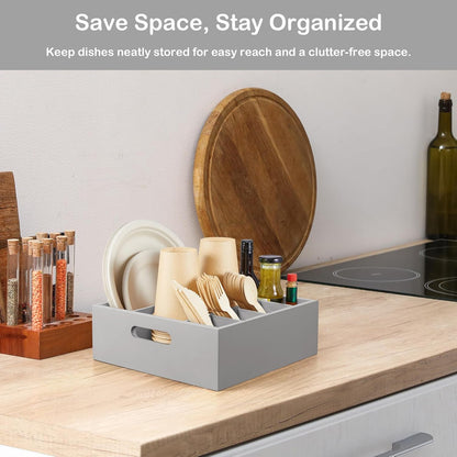 Acacia Wood Utensil Holder for Party, 6-Compartment Paper Plate and Silverware Organizer with Handles, Rustic Utensil Caddy for Parties, Outdoor Gatherings, and Kitchen Countertop Organization