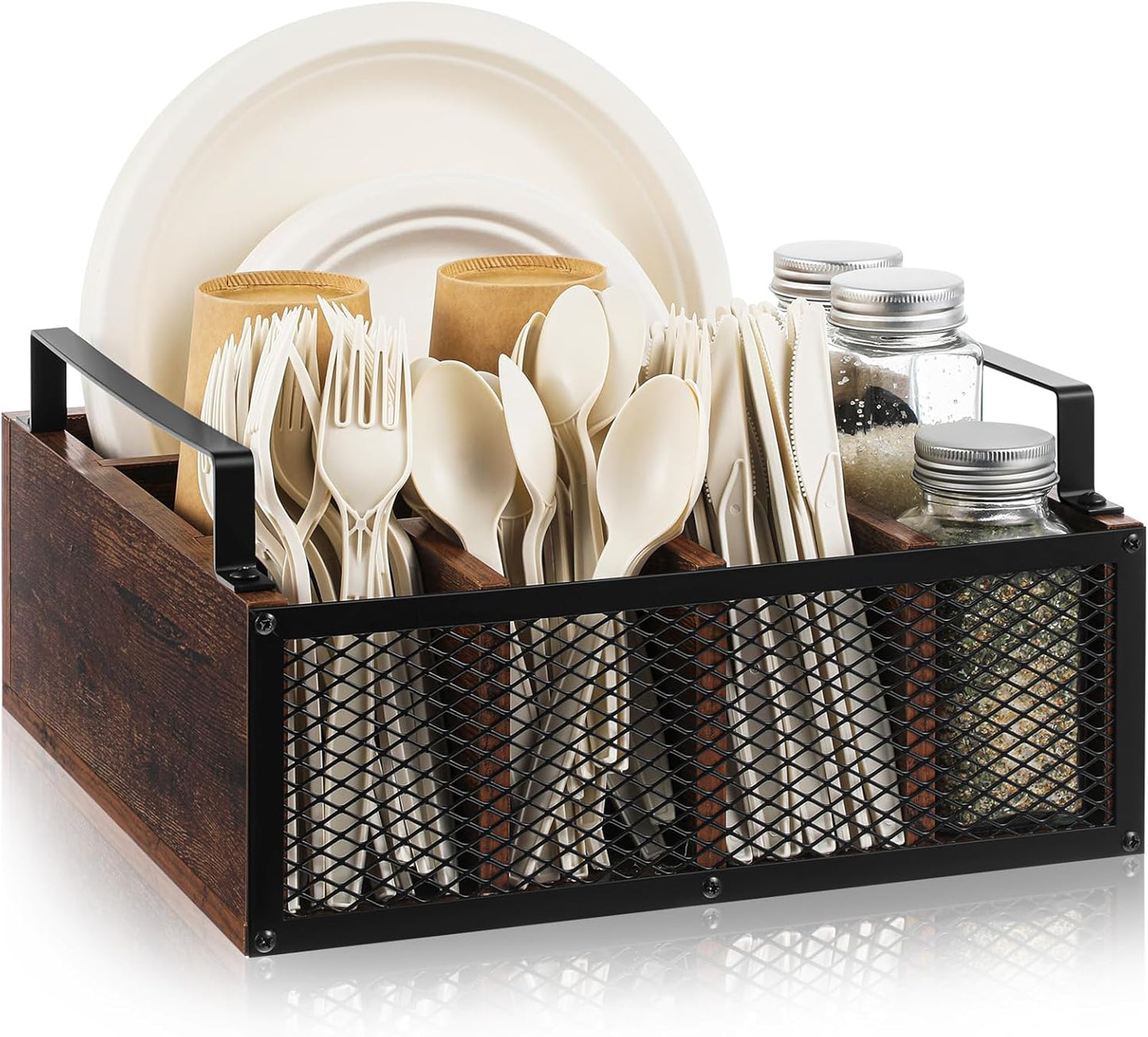 Mimorou Farmhouse Wooden Napkin Paper Plate and Utensil Holder Caddy Kitchen Utensil Holder Farmhouse Rustic Cutlery Flatware Organizer for Party Caddy Spoon Forks Napkins(Distressed White)