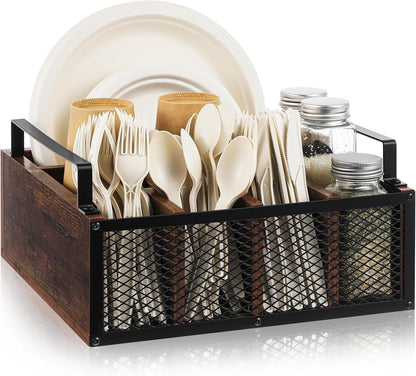 Mimorou Farmhouse Wooden Napkin Paper Plate and Utensil Holder Caddy Kitchen Utensil Holder Farmhouse Rustic Cutlery Flatware Organizer for Party Caddy Spoon Forks Napkins(Distressed White)