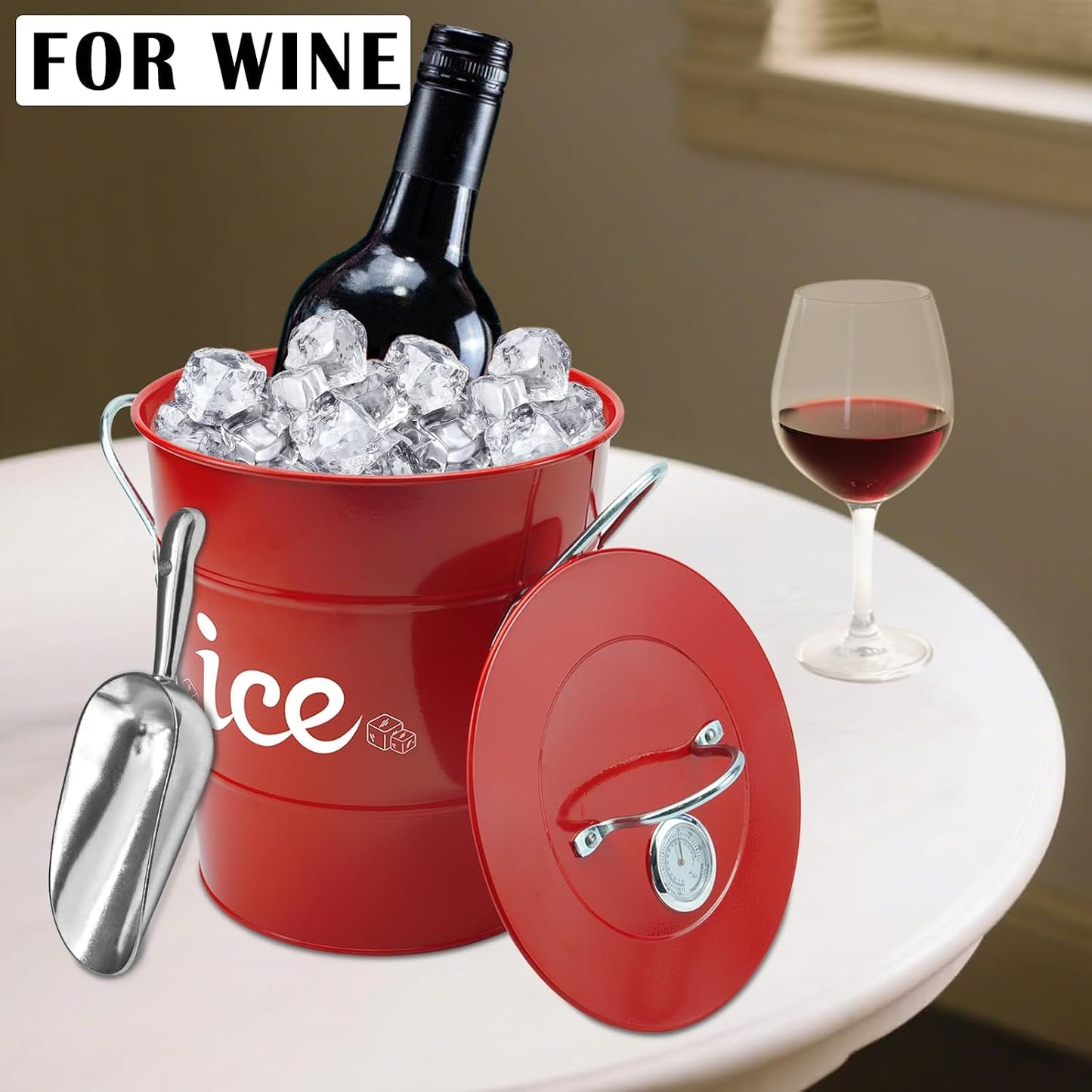 Double Wall Ice Bucket with Thermometer, Metal Wine Chiller Bucket with Lid & Scoop - for Champagne, Wine, Cocktails and Parties, Large Insulated Ice Holder - Perfect for Home & Outdoor Use,Red