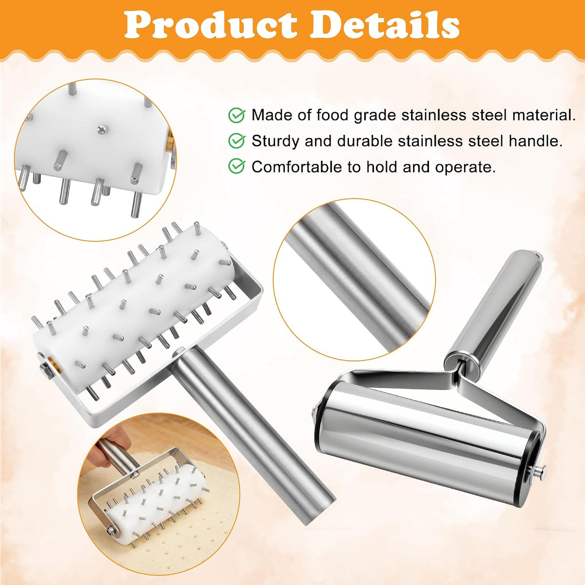 2Pcs Pizza Dough Roller & Dough Docker Kit Stainless Steel Rolling Pin