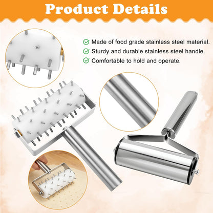 2Pcs Pizza Dough Roller & Dough Docker Kit Stainless Steel Rolling Pin
