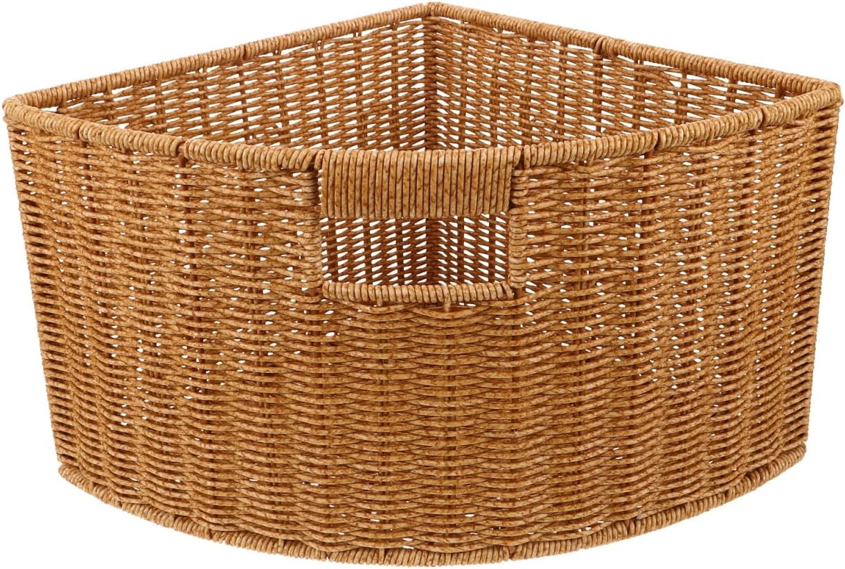 Woven Triangle Corner Storage Basket with Handles Shelf Laundry Basket | Plastic Rattan-Style Basket Fits Shelf Corners, Cabinets, Counters or Bathrooms for Towels, Laundry, Toys and Pantry Items