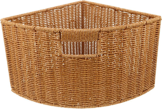 Woven Triangle Corner Storage Basket with Handles Shelf Laundry Basket | Plastic Rattan-Style Basket Fits Shelf Corners, Cabinets, Counters or Bathrooms for Towels, Laundry, Toys and Pantry Items