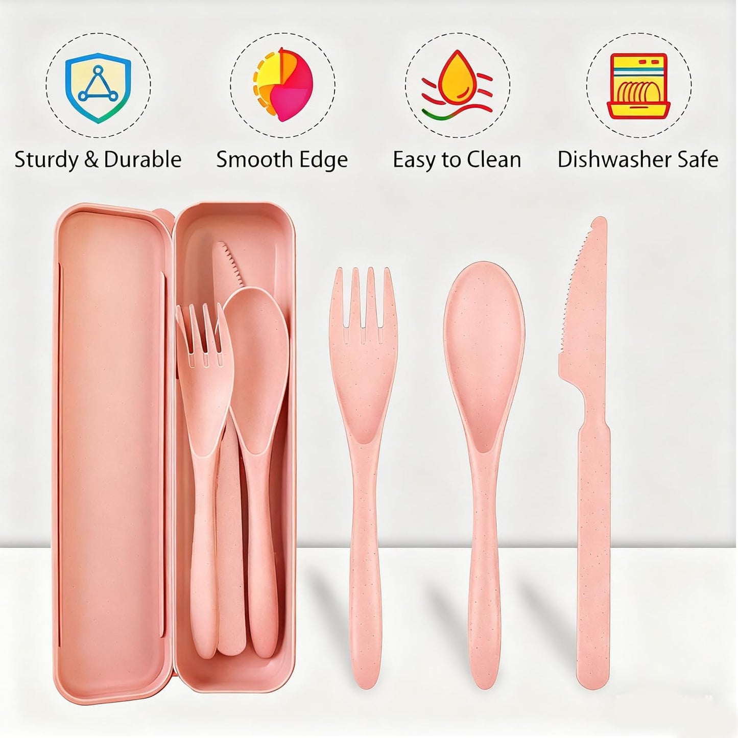 Travel Utensils Set - Reusable 5 Sets Wheat Straw Plastic Cutlery with Case, Portable Forks Spoons and Knives Set, Eco-Friendly BPA Free for Daily Use (5 Purple)