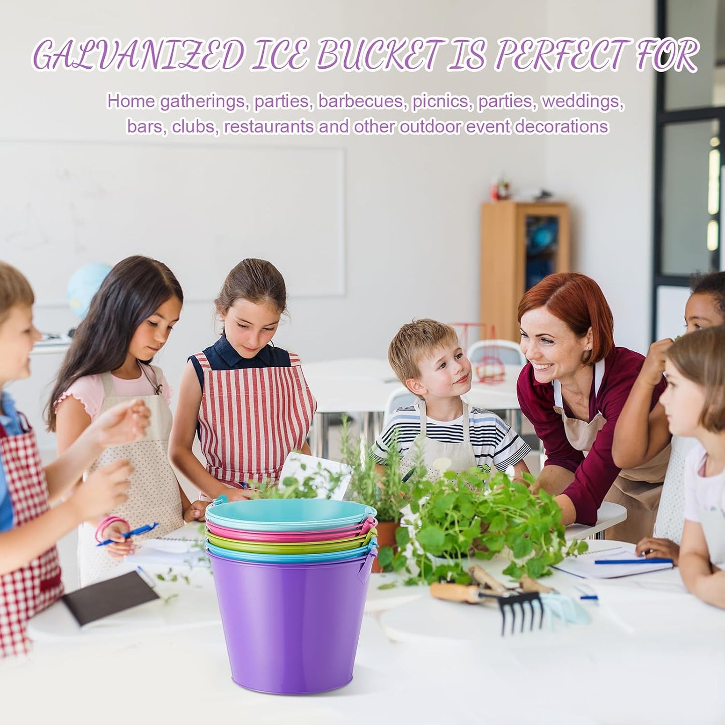 Zopeal 12 Pcs Galvanized Beer Bucket Set, Includes 8 Metal Ice Buckets 5qt with 2 Scoops & 2 Tongs, Round Slive Pails Bulk for Weddings Birthday Beach Pool Party Supplies Summer Table Centerpieces