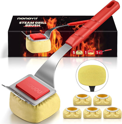 Grill Brush Bristle Free with 5 Replaceable Pads, BBQ Grill Brush Replaceable Cleaning Head, Grill-Cleaner Brush for Cast Iron/Stainless Steel Grates, Gift for Men Dad-Red
