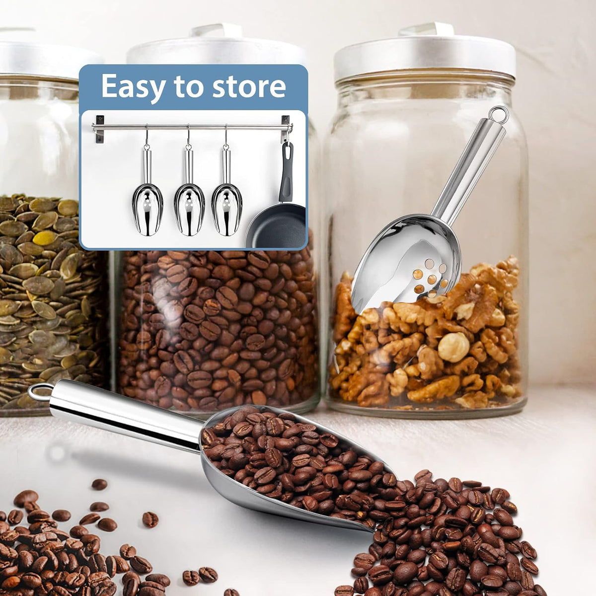 E-far Ice Scoops with Holes, 2 Pcs 6 Oz Stainless Steel Scoops for Freezer