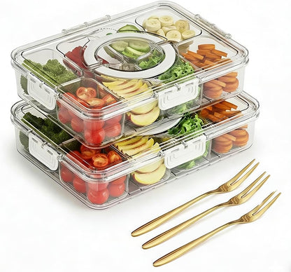 2 Pack Snackle Box Containers, 8 Compartments Divided Serving Tray with Lids & Handles, Portable Snack Storage for Veggies, Fruits, Charcuterie, Candy – BPA-Free, Leak-Proof (8 Sections Each)