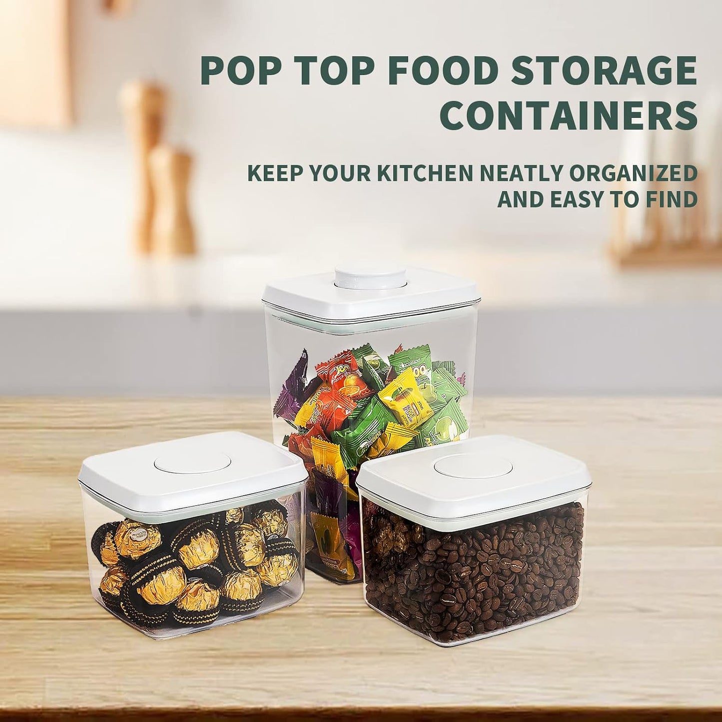 Airtight Food Storage Containers, 4-Piece Set, 1.3-3.5 Qt, Pop-Top Lids | Clear Stackable Pantry Jars for Flour, Sugar, Cereal, Oats, Pasta, Snacks, Baking Ingredients and Small Kitchen Organization
