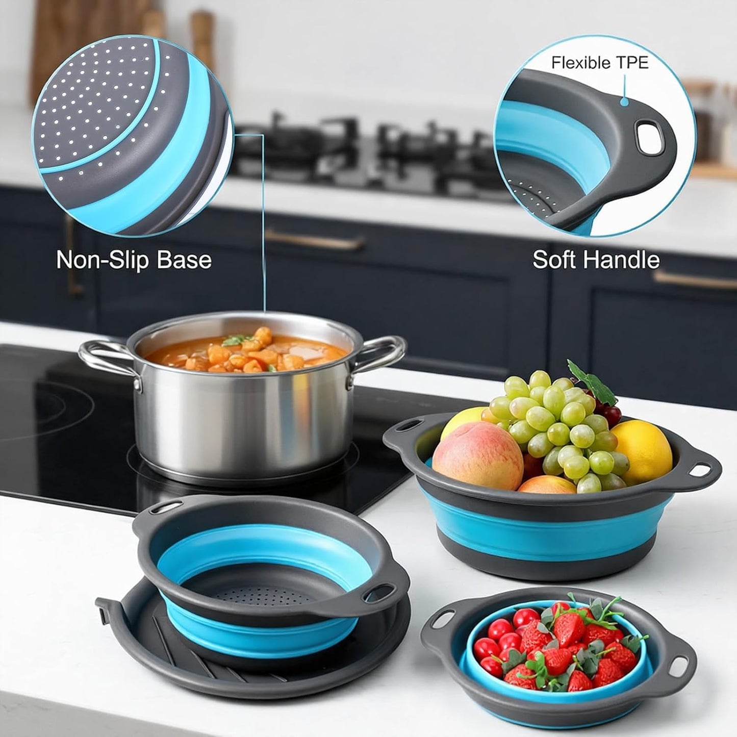 3-Pack Foldable Colander Set with Over-Sink Draining Tray, Foldable Kitchen Strainers, Space Saving Kitchen Drainer for Vegetables, Fruit, Pasta and Rice (Blue&Gray)