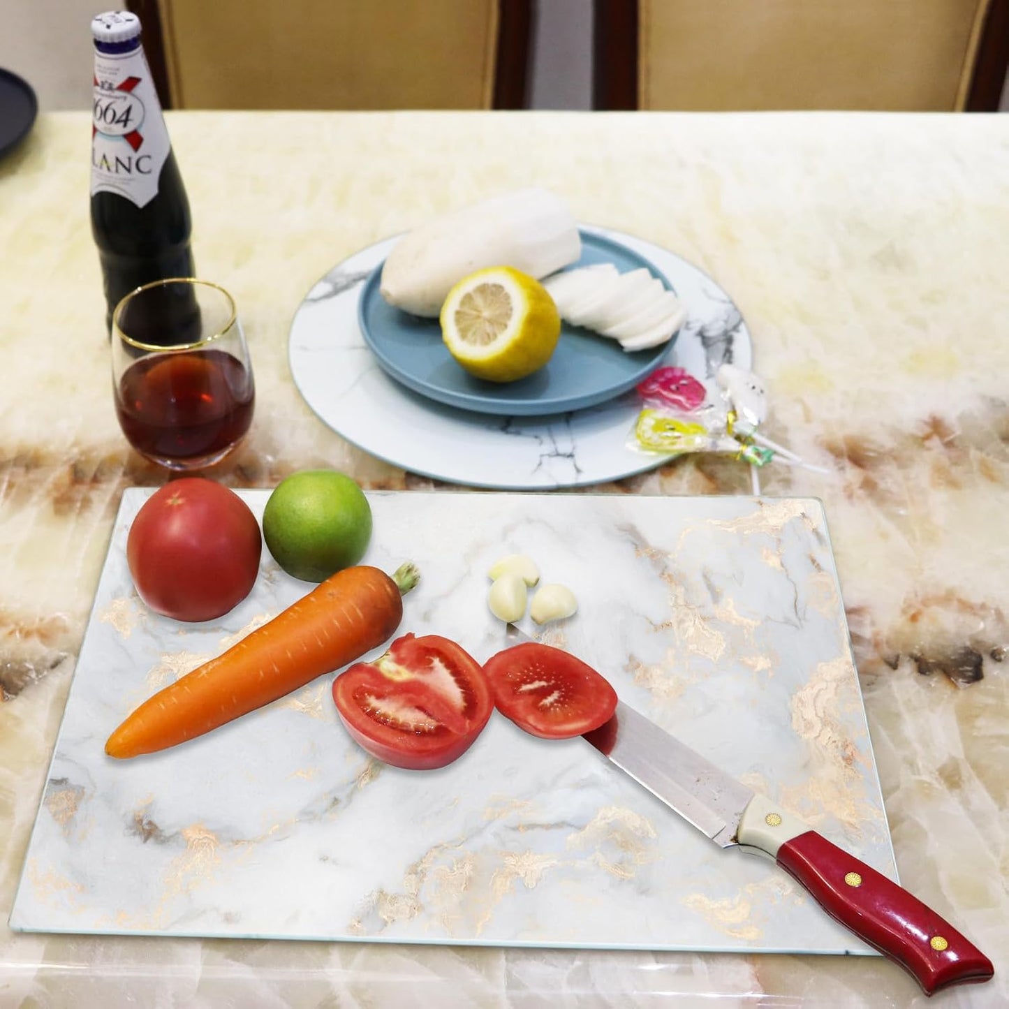 JAMBALAY Tempered Glass Cutting Boards for Kitchen, Gold 12"x8" & 16"x12" Glass Cutting Board Set with Marble Design, With Non Slip Foot, Shatter and Heat Resistant, Dishwasher Safe