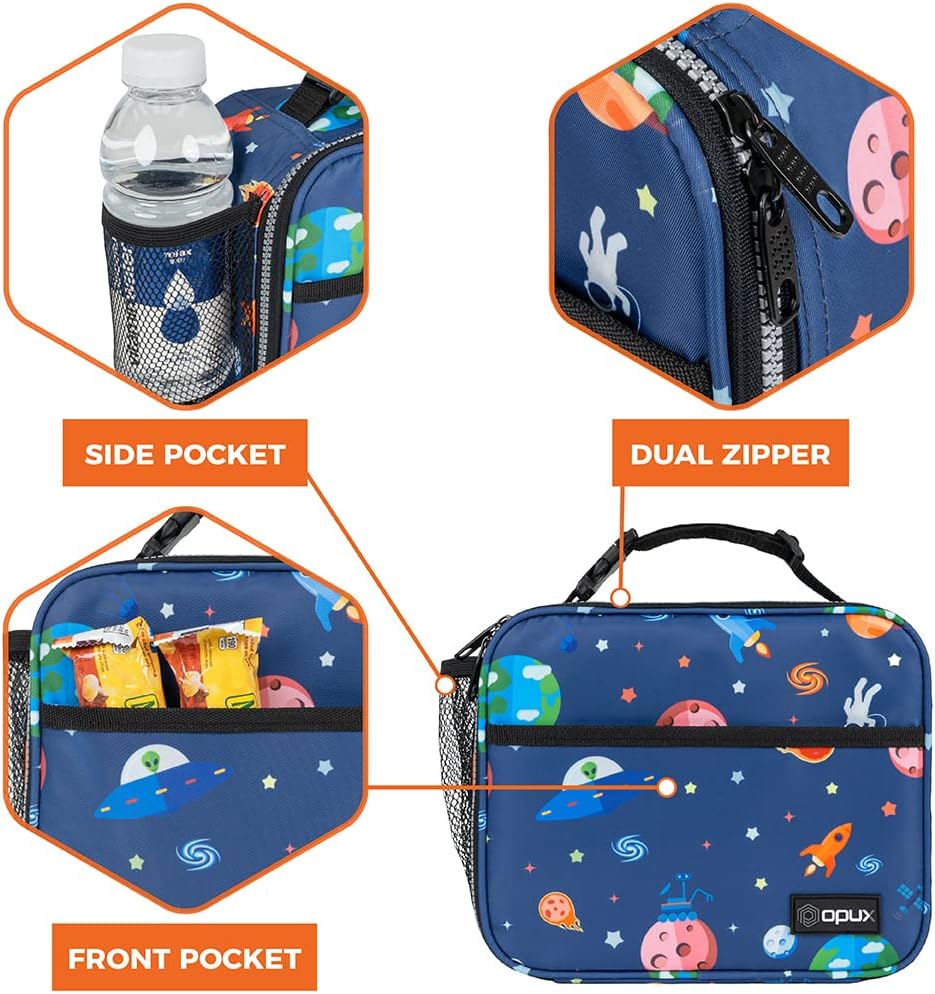 opux Insulated Lunch Bag Kids, Lunch Box for School Boy Girl, Leakproof Small Reusable Compact Soft Mini Cooler Bag, Toddler Small Lunch Boxes Kit Pail with Front Side Pockets (Purple)