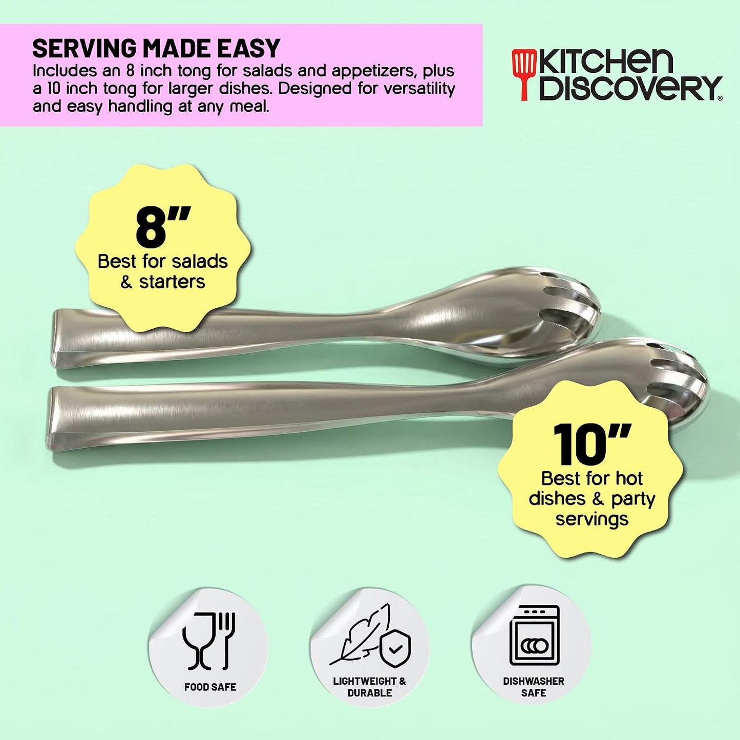 Kitchen Discovery Stainless Steel Tongs, Set of 2 (8" & 10"), Lightweight & Durable Kitchen Tongs for Serving, Parties and Events, Dishwasher-Safe Metal Serving Tongs for Salads and More