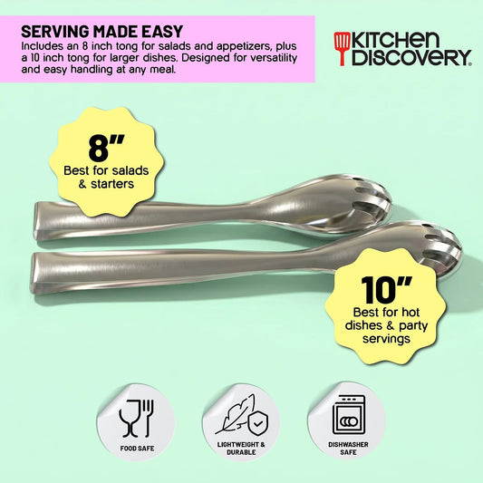Kitchen Discovery Stainless Steel Tongs, Set of 2 (8" & 10"), Lightweight & Durable Kitchen Tongs for Serving, Parties and Events, Dishwasher-Safe Metal Serving Tongs for Salads and More
