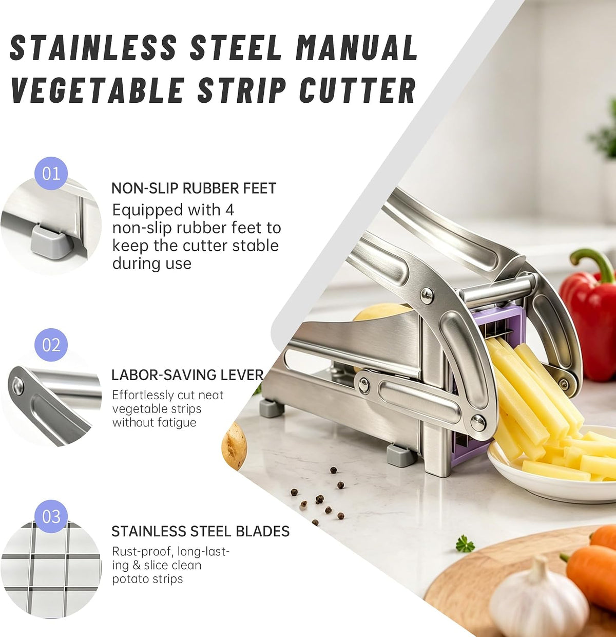 Household stainless steel fry slicer, 64-hole and 36-hole potato slicer with replaceable heavy-duty blades, suitable for household, kitchen, restaurant, and commercial use