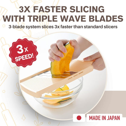 Arnest Japanese mandoline slicer Cabbage Shredder, 3-Blade Triple Wave Ultra-Thin Shredder for Tonkatsu-Style Slaw, Stainless Steel Wave Blades, Safety Holder, Easy-Rinse Clean, Made in Japan