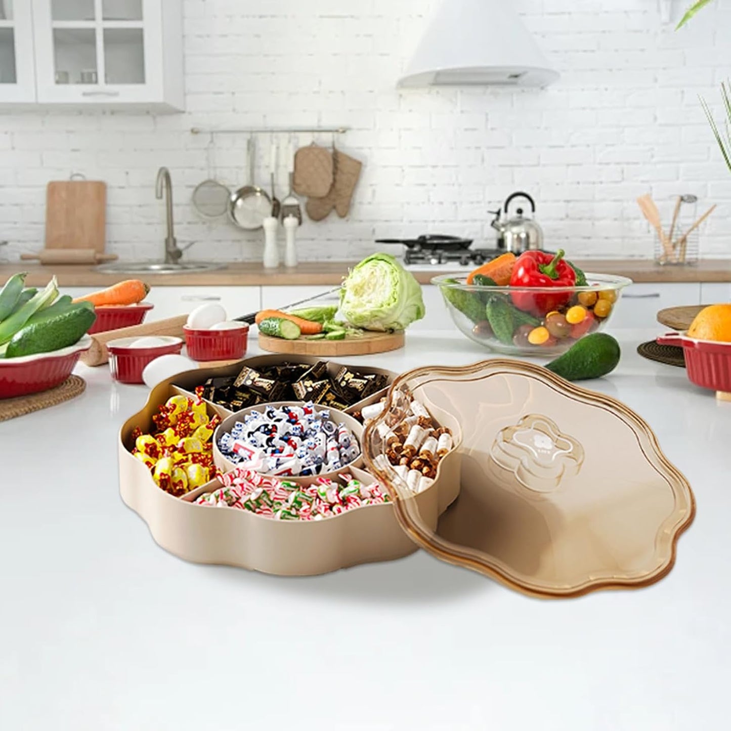 5 Compartments Nut Tray, Dry Fruit Tray Round Plastic Relish with Lid Serving Dishes 9.5x9.5x3.4 inch for Nut, Snack, Fruit, Candies, Cookie Home, Office