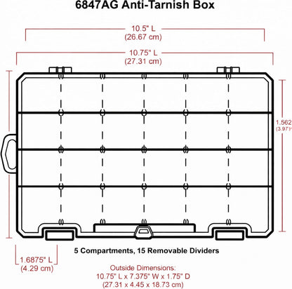 ArtBin 6944AG Medium Anti-Tarnish Box with 15 Removable Dividers, Jewelry & Craft Organizer, 1 Plastic Storage Case with Anti-Tarnish Technology, Clear with Aqua Accents 10.875” x 7.0” x 1.75”