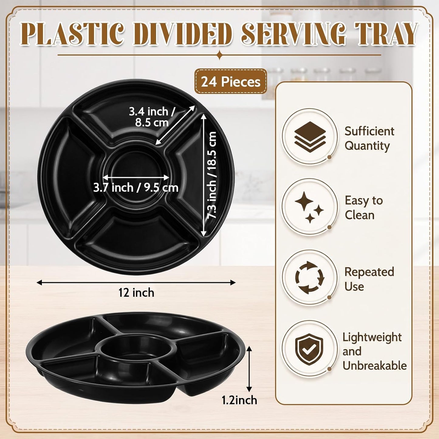 24 Pcs 5 Sectional Plastic Divided Serving Trays Bulk 12 Inch Round Chip and Dip Plates Fruit Veggie Appetizer Platter Snack Tray for Holiday Party Family Gathering(Black)