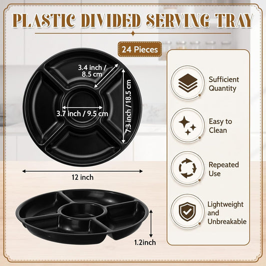 24 Pcs 5 Sectional Plastic Divided Serving Trays Bulk 12 Inch Round Chip and Dip Plates Fruit Veggie Appetizer Platter Snack Tray for Holiday Party Family Gathering(Black)