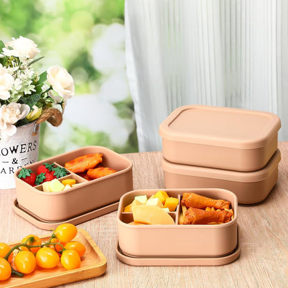 Honeydak 6 Pcs Silicone Bento Box Reusable Silicone Bento Lunch Container for Adults Microwave Dishwasher Freezer Safe 3 Compartment (Light Colors)
