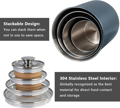 malmo Stainless Steel Food Canister Set of 4-Piece, 16/49/85/132 Ounces,Airtight Containers with Glass Lid for Tea,Coffee,Sugar,Flour,Pantry Kitchen Storage Storeroom Counter (Blue)