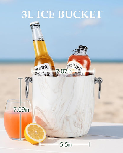 Insulated Ice Bucket, 3L Double Wall Stainless Steel Ice Bucket with Tongs,Lid, Scoop and Strainer, Ice Buckets for Parties,Cocktail Bars, Chilling Beer, Champagne, Wine Bottles