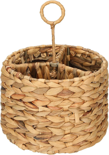 Glenmal Wicker Flatware Storage Basket Utensil Caddy Hand Woven Divided Cutlery Holder Kitchen Utensil Organizer Water Hyacinth Silverware Organizer with Handle for Countertop Party (Rectangular)