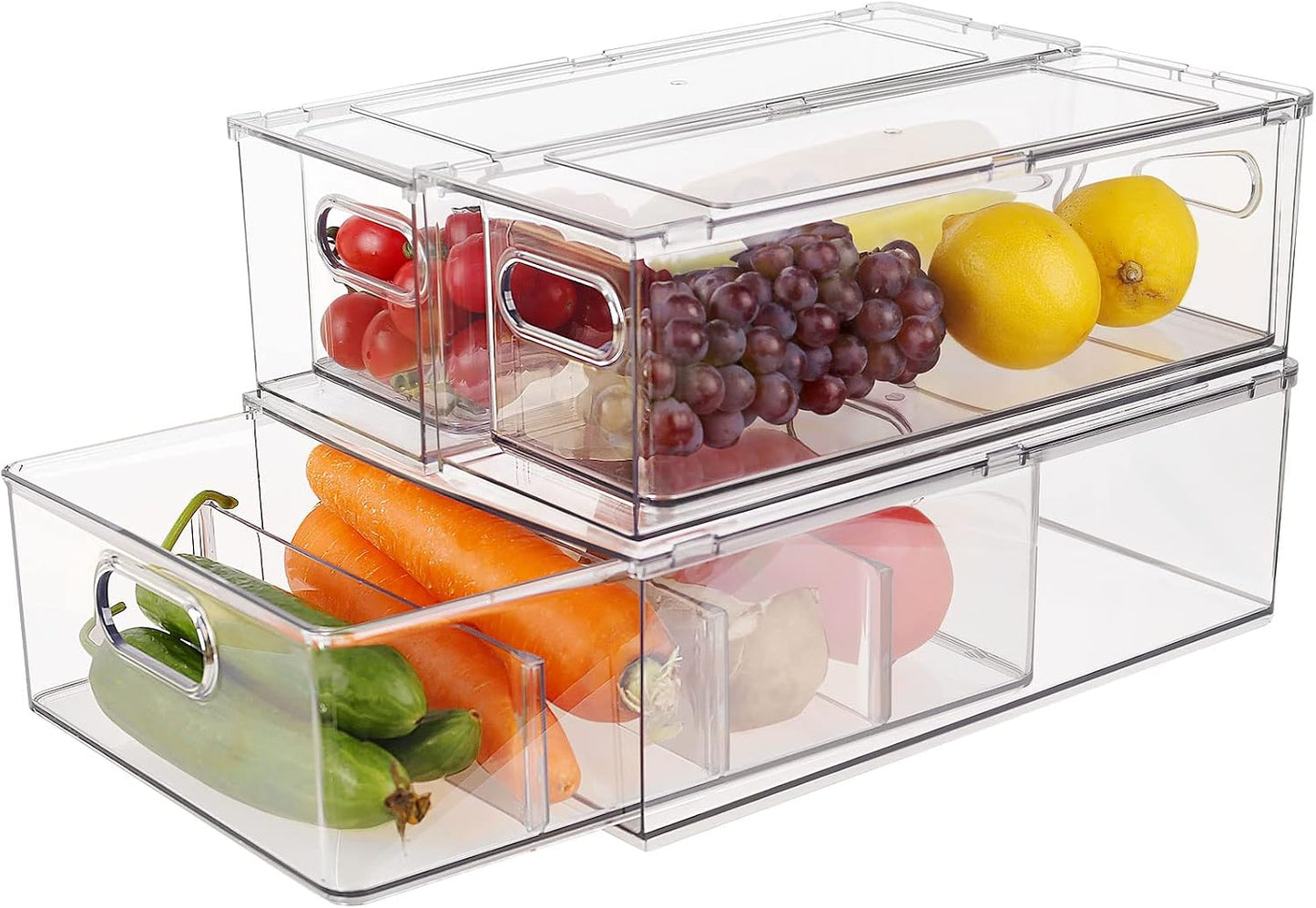 Taiuloo 2 Pack Stackable Refrigerator Organizer Bins with Pull-Out Drawer, Clear BPA-Free Food Storage Containers for Fridge Freezer, Kitchen Pantry Cabinet & Bathroom Vanity Organization