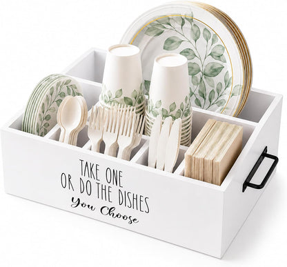 Paper Plate Holder, Plastic Silverware Caddy, Plastic Utensil Dispenser for Party Buffet Camping BBQ, Disposable Spoon Fork Knives Dish Cup Napkin Storage Organizer for Kitchen Counter (White)