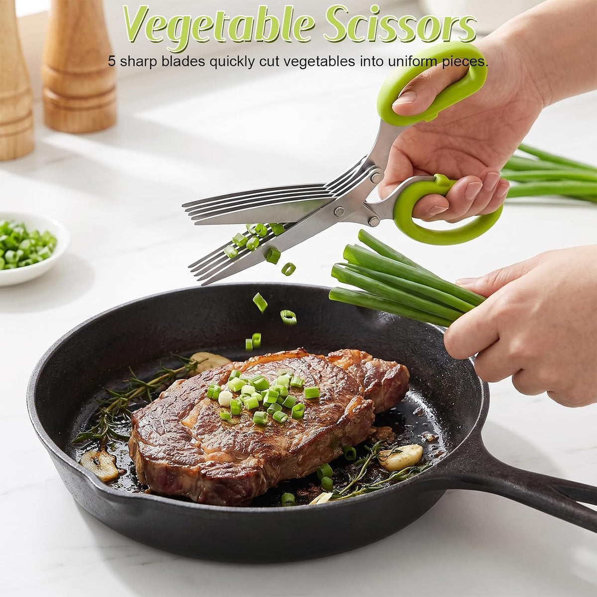 5-Blade Stainless Steel Herb Shears Herb Cutter with Cover - Fast Kitchen Chopper For Fresh Herbs Seasonings，Green+Blue