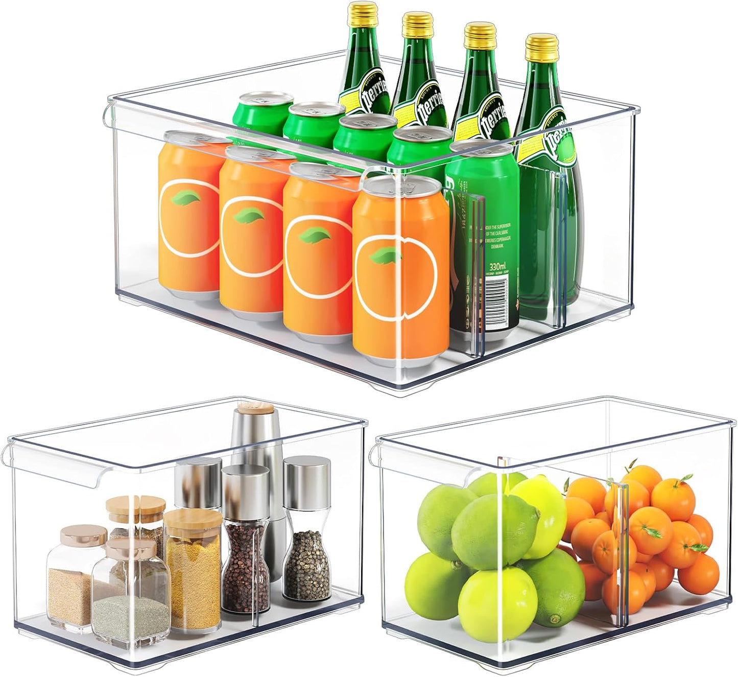 Clear Plastic Storage Bins with Dividers for Fridge Pantry Organizers and Storage Containers, 3 Pack Acrylic Stackable Sturdy Storage Boxes for Home Edit and Cabinet Organizers C6-1