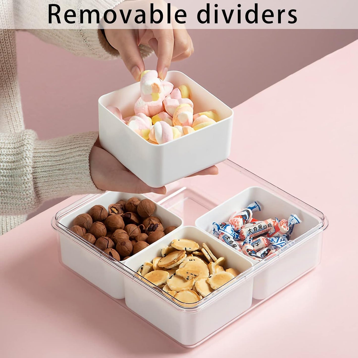 Divided Serving Tray with Lid for Veggie Charcuterie Container Portion Control Salad Keeper with 4 Removable Boxes Stackable Refrigerator Organizer Bins Food Storage Organizer Produce Saver