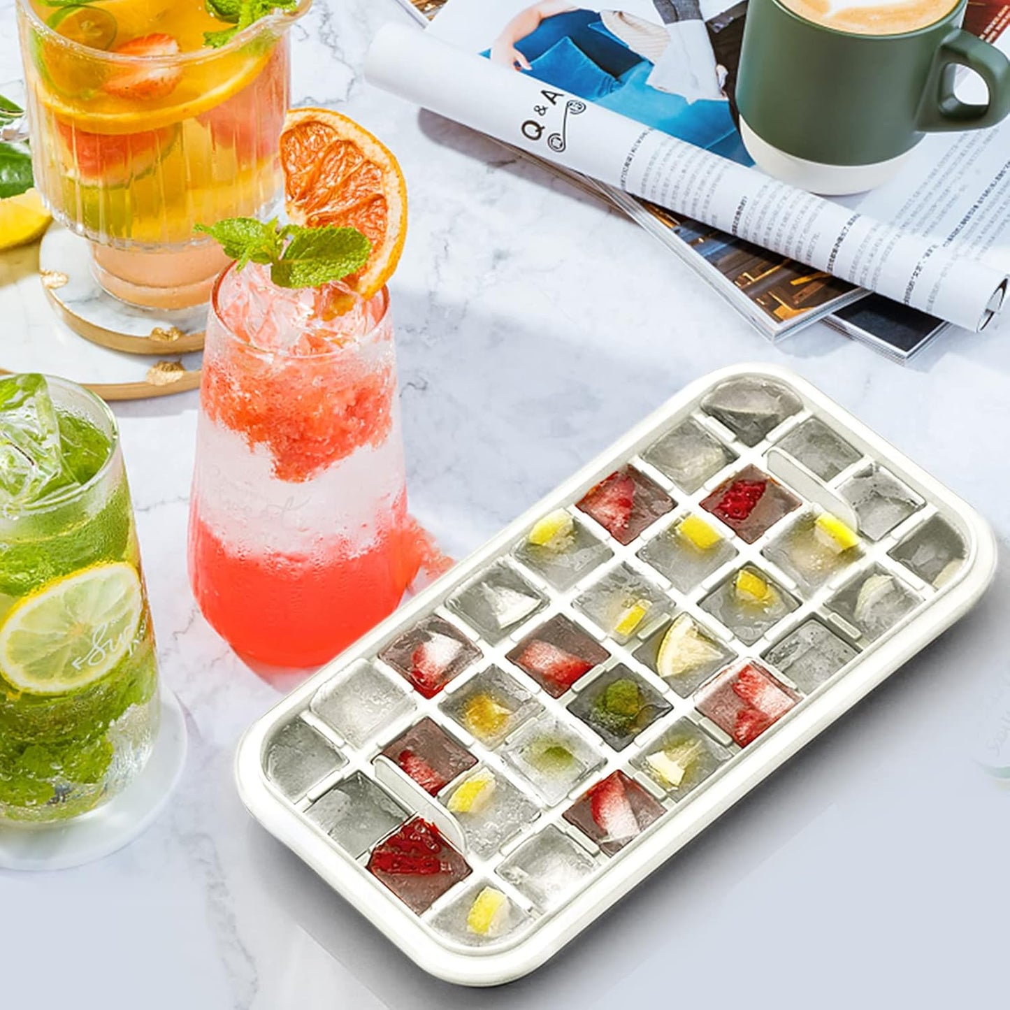 Ice Cube Tray with Lid and Bin, 2 Pack Ice Cube Trays for Freezer, 64 Pcs Ice Cube Mold, Press Button Easy Release Ice Tray, Small Ice Cubes Maker for Drinks(Green)